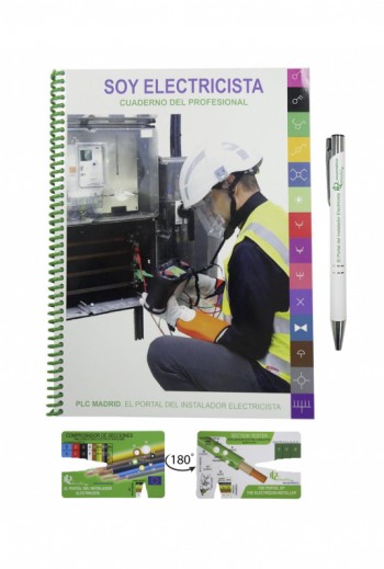 Cuaderno del Profesional junto a un comprobador de secciones y bolígrafo de PLC Madrid